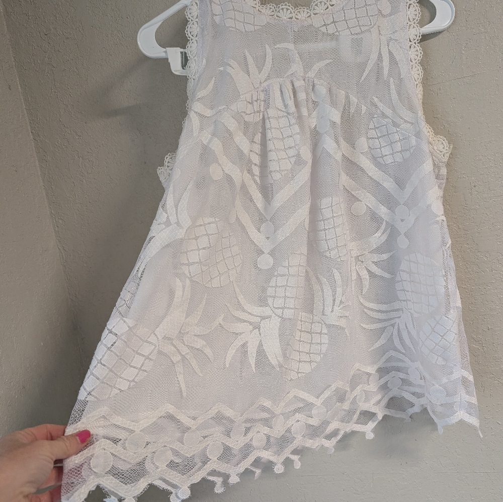 Mauve Pineapple Sleeveless Top 12 White Lace Scalloped Boho Cottagecore Layering - Picture 2 of 16